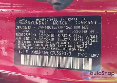 2013 Hyundai Tucson Gls из США, поврежденный, VIN KM8JU3ACXDU599373